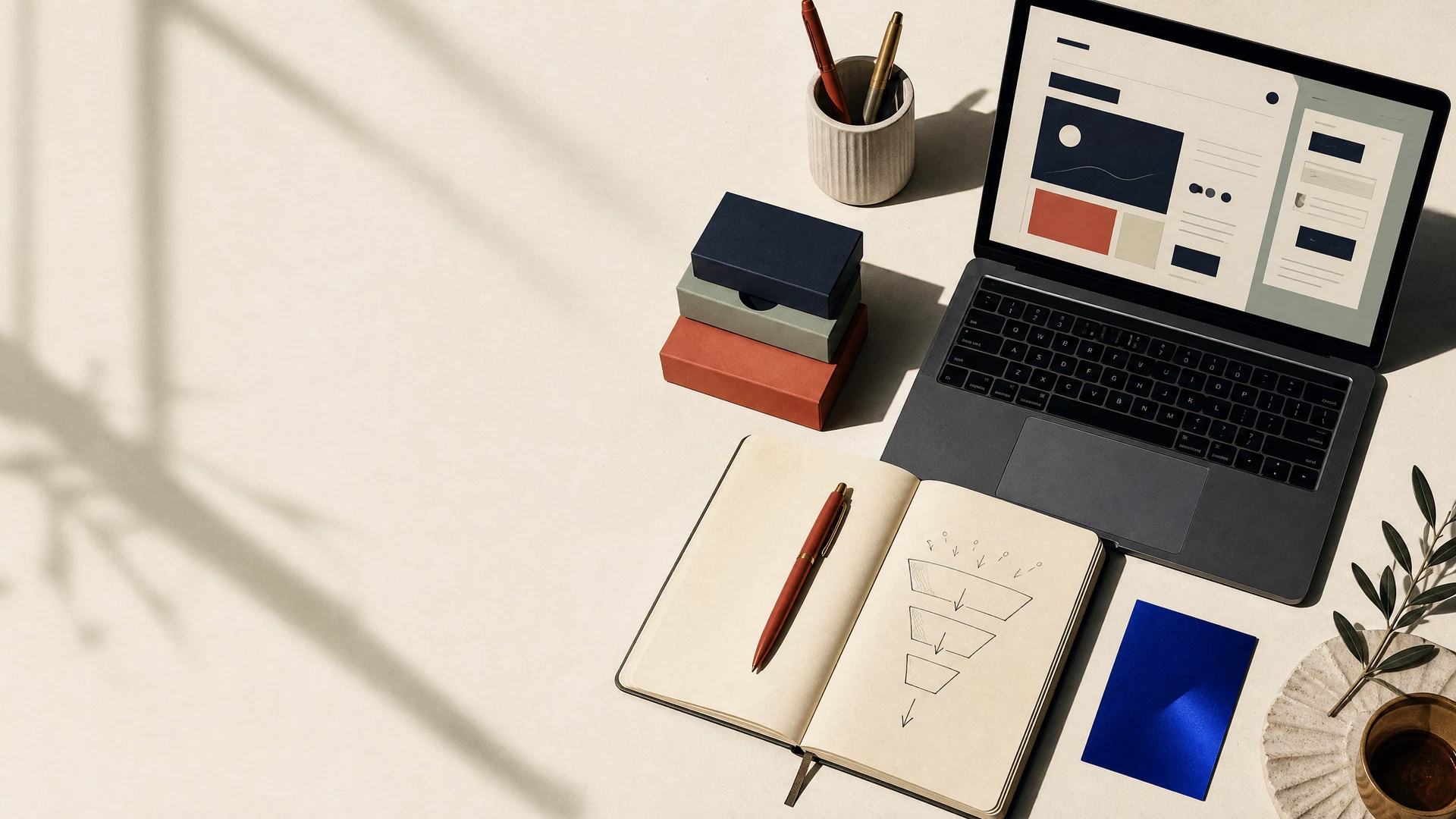 Annotated campaign strategy desk with laptop, notebook, and product packaging